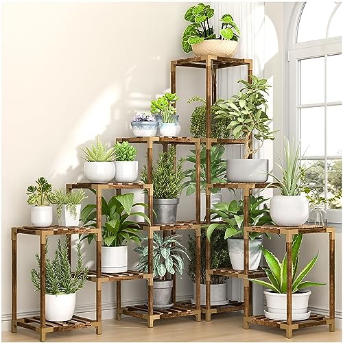 HOMKIRT Corner Plant Stand Indoor Outdoor for Multiple Plants, Large Tall Plant Shelf Rack Table Holder with Hanging Space Flower Stand for Patio Porch Balcony Garden Boho Decor - A-Large Trapezoid