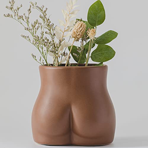 Butt Planter, Body Vase Female Form, Booty Flower Vases w/Drainage, Speckled Matte Brown Ceramic, Cheeky Sculpture Unique Modern Boho Home Decor Plant Pot Feminist Cute Indoor Succulent Small Bathroom - Walnut Brown Bottom