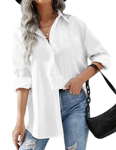 HOTOUCH Women Button Down Shirts Office Drop Shoulder Oversized Blouse Long Sleeve Boyfriend Dress Shirt with Pocket - White - X-Large