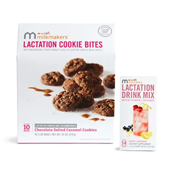 Munchkin® Milkmakers® 10pk Lactation Cookie Bites, Chocolate Salted Caramel and 14pk Lactation Drink Mix Supplement, Berry Lemonade