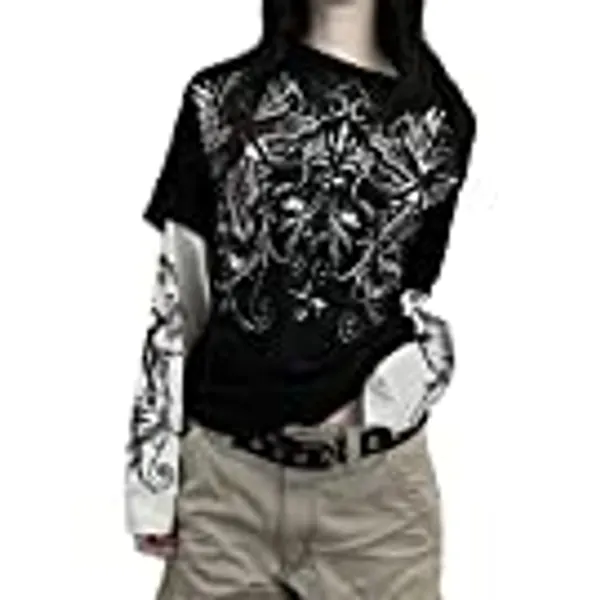 Y2k Fairy Grunge Graphic Long Sleeve Tees Tops Women E-Girls Aesthetic Gothic Skull Print Baggy T Shirts Emo Clothes