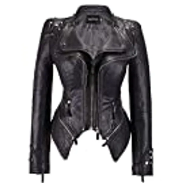 chouyatou Women's Fashion Studded Perfectly Shaping Faux Leather Biker Jacket