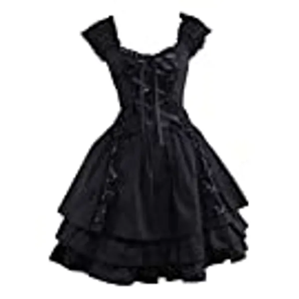 Ainclu Womens Classic Black Layered Lace-up Goth Lolita Dress