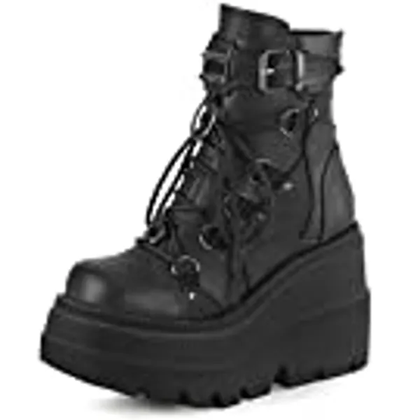 Tscoyuki Platform Ankle Boots for Women Chunky High Heel Booties Goth Round Toe Combat Boots Women Lace Up Motorcycle Wedges