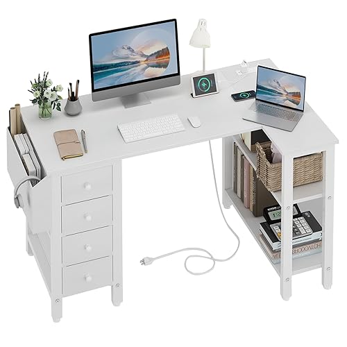 Lufeiya White L Shaped Computer Desk with Drawers & Storage Shelves, 47 Inch Corner Desk with Power Outlet for Home Office Bedroom, L-Shaped Teen PC Desks with Fabric Drawer, White - White - 47.2"
