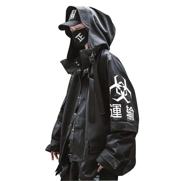 Niepce Inc Japanese Streetwear Zip Up Windbreaker Jacket for Men - Black2 Small