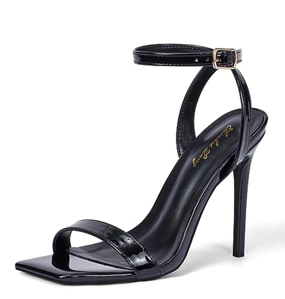 Elisabet Tang Women's Stiletto Heels Ankle Strap Open Square Toe Heeled Sandals Sexy Comfort Strappy Dress High Heel Shoes Lace Up Wedding Party Sandals Shoes