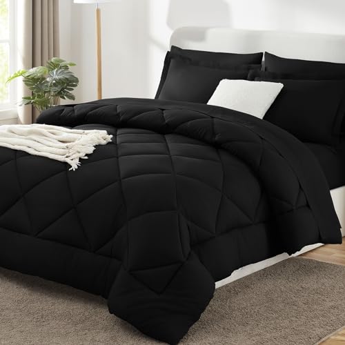 CozyLux Queen Comforter Set with Sheets 7 Pieces Bed in a Bag Black All Season Bedding Sets with Comforter, Pillow Shams, Flat Sheet, Fitted Sheet and Pillowcases - Black - Queen
