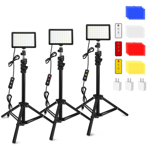 3 Packs 70 LED Video Light with Adjustable Tripod Stand / Color Filters, Obeamiu 5600K USB Studio Lighting Kit for Tablet / Low Angle Shooting, Collection Portrait YouTube Photography, Wall Charger - Light with Remote Control/Wall Charger