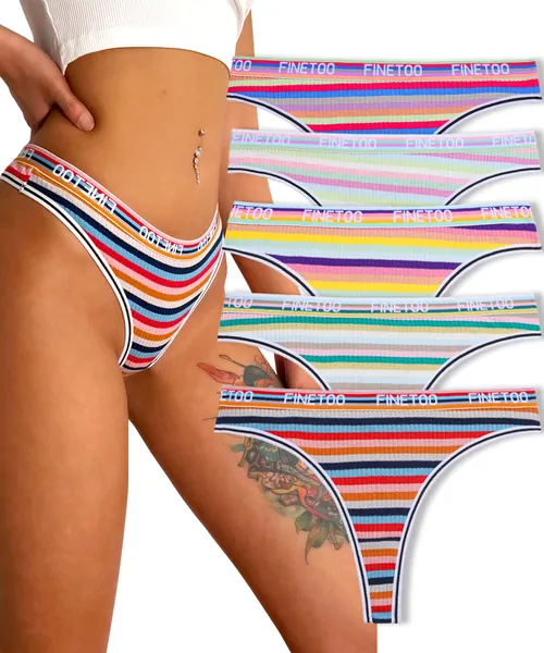 FINETOO Cotton Thongs for Women Sexy Colorful Stripes Low Rise Underwear Breathable Stretch Hipster Panties 5 Pack S-XL - Large 5a