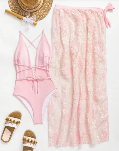 Criss Cross One Piece Swimsuit With Beach Skirt 