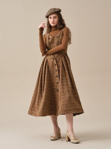 Ronan 36| tartan 100% wool dress | Brown / XS