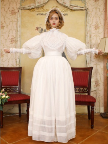 White Leg-of-Mutton Sleeves Vintage Lace Blouse and White Skirt Set