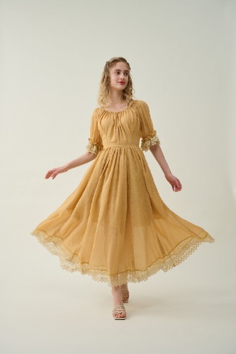 Elowen 27 | Lace Linen dress gown ( 2 way to wear ) | XS / Mustard