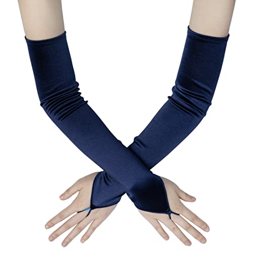 BABEYOND Long Opera Party 20s Satin Gloves Stretchy Adult Size Elbow Length - Navy Blue