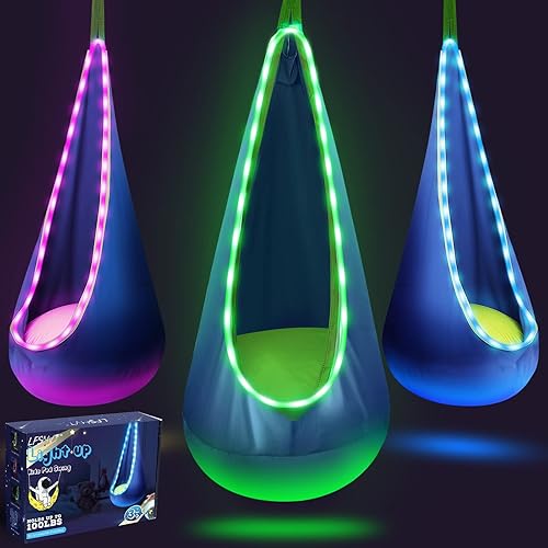 LFSMVT Light Up Kids Pod Swing Seat, Kids Hanging Hammock Swing with LED Lights, Sensory Pod Swing Chair with Inflatable Pillow & All Accessories, Pod Swing for Kids Indoor & Outdoor (1 PCS) (Blue) - Blue