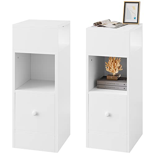 EUGAD Lot de 2 Table de Chevet Étroite, pour Nuit avec 2 Compartiments Ouverts et 1 Tiroir, 25x30x66cm, Meuble de Rangement Compacte pour Chambre à Coucher, Salon, en Aggloméré, Blanc, 0179ZZ-2 - Blanc