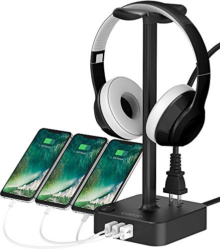 cozoo Headphone Stand with USB Charger Desktop Gaming Headset Holder Hanger with 3 USB Charger and 2 Outlets - Suitable for Gaming, DJ, Wireless Earphone Display,Gaming Desk Accessories,Gifts for Him - 1.Black