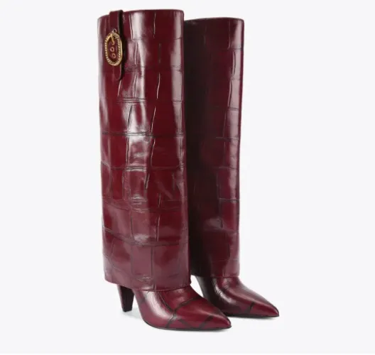 FOLD OVER TALL BOOT Wine Croc Knee High Boot by KURT GEIGER LONDON