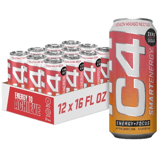 Cellucor C4 Smart Energy Sugar Free Sparkling Energy Drink Peach Mango Nectar | Performance Fuel & Nootropic Brain Booster Supplement with No Artificial Colors or Dyes | 16oz (Pack of 12)