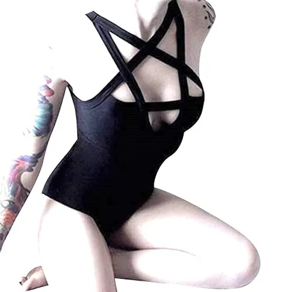 LJJPMLLPZ Women Hollow Out Low Chest Pentagram Bodysuit Gothic Dark Street Jumpsuit - Small
