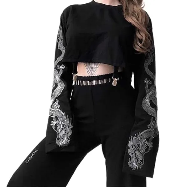 farrubbyine8 Women Wide Sleeve Crop Sweatshirt Dragon Top Loose Fit Casual Sports Gym Pullover Crop Top - Black - Small