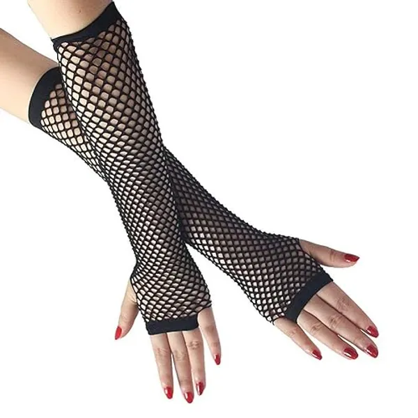 MHNJA Black Fishnet Long Gloves Party Accessory Black Nylon Fingerless Hollow Fishnet Gloves 1920s Gloves for Women
