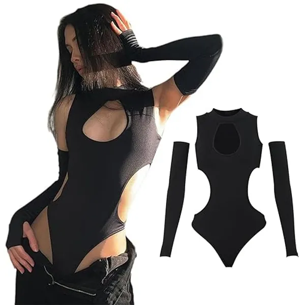 SEXYTINE Women's Y2K Sexy Hollow Out Long Sleeve Tank Bodysuit Summer Skinny Leotard Tops Streetwear Outfit - Small