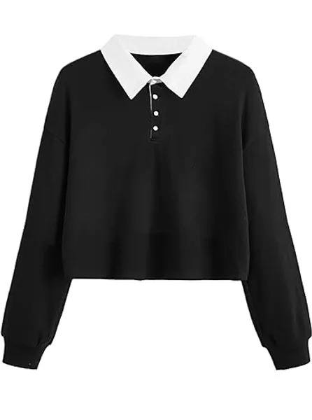 Remidoo Women's Collared Half Button Long Sleeve Striped Crop Top Sweatshirt - Small - Solid Black