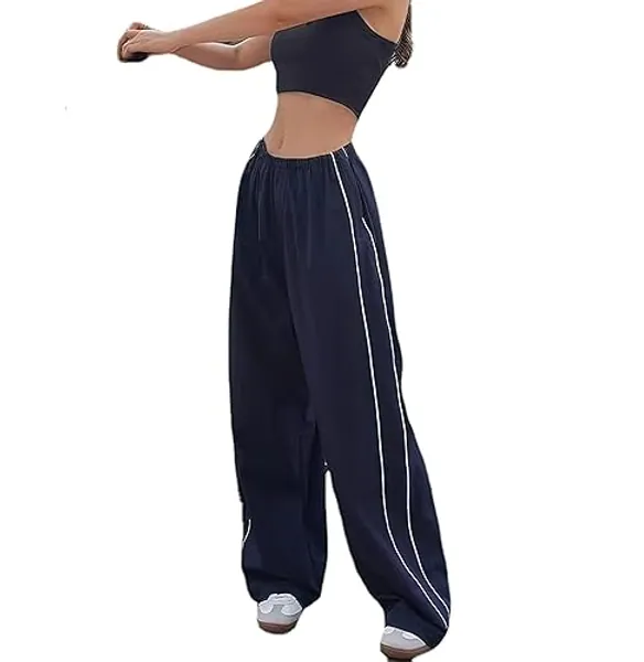XPONNI Track Pants Women Baggy Pants Y2k Pants Parachute Pants for Women Y2K Clothing - Small - Navy