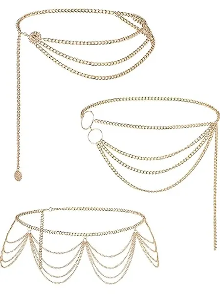 3 Pieces Belly Waist Chain Multi Layer Metal Waist Chain Body Summer Beach Chain for Women and Girls - Tassel Style