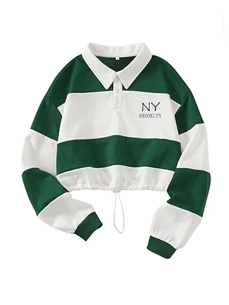 Verdusa Women's Color Block Striped Drawstring Crop Top Collar Long Sleeve Sweatshirt - Small - Green