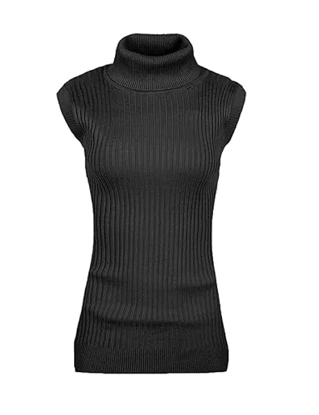 v28 Women Sleeveless High Neck Turtleneck Stretchable Knit Sweater Top - Small - Black