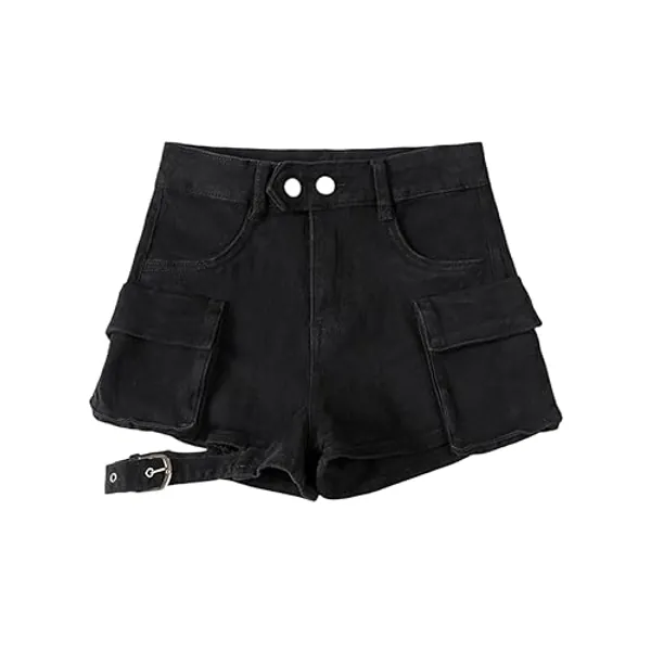 Women's high Waisted Perforated Denim Shorts Gothic Double Button Work Shorts Casual Mini hot Pants - Small - Black