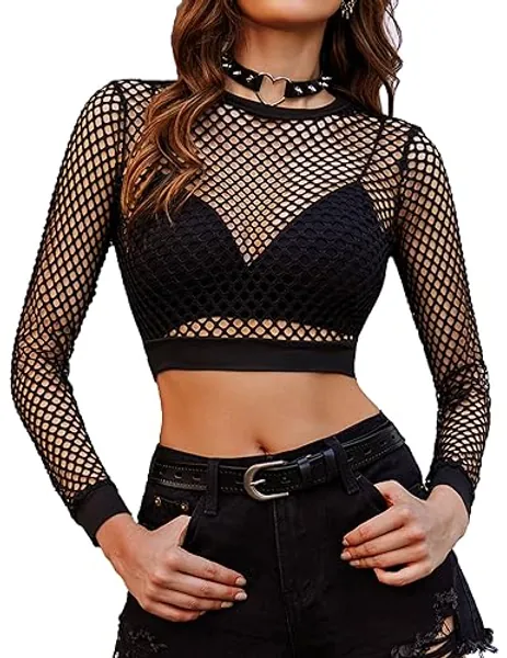 Avidlove Fishnet Top for Women Fishnet Crop Top Long Sleeve Fishnet Shirt Fishnet Long Sleeve Top - Small - A-black