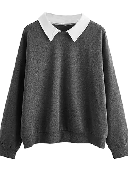 SweatyRocks Women's Contrast Collar Drop Shoulder Casual Long Sleeve Pullover Sweatshirt Tops - Small - Grey