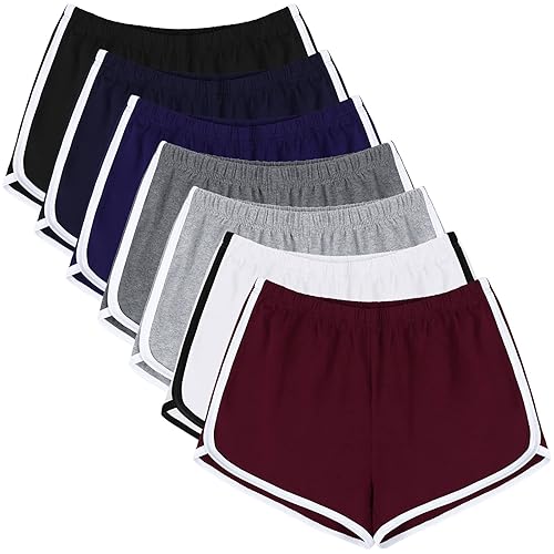 URATOT Cotton Sports Shorts Women Summer Breathable Pants Dolphin Workout Shorts for Yoga Cycling Hiking, Pack of 7 - Large - Offwhite,navyblue,jujubered,navy,mixedcolors