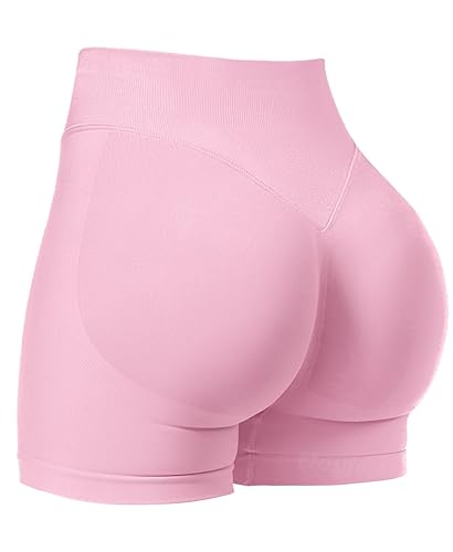 VOYJOY Women Workout Impact Shorts 3.6"/ 4.5"/ 6" Scrunch Butt Lifting Gym Seamless Booty Biker Shorts - 4.5" Inseam - Small - Pink