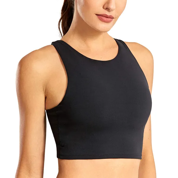 CRZ YOGA Women's High Neck Longline Sports Bra - Padded Racerback Yoga Bra Crop Tank Top with Built in Shelf Bra