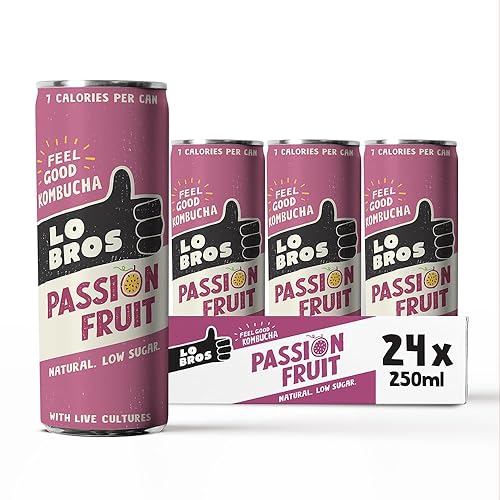Lo Bros Kombucha - Passionfruit - Sparkling Refreshing Drink with Natural Ingredients and Live Cultures, Supports Gut Health, Low Sugar, Vegan, Gluten Free- 24 x 250ml - 24 Pack
