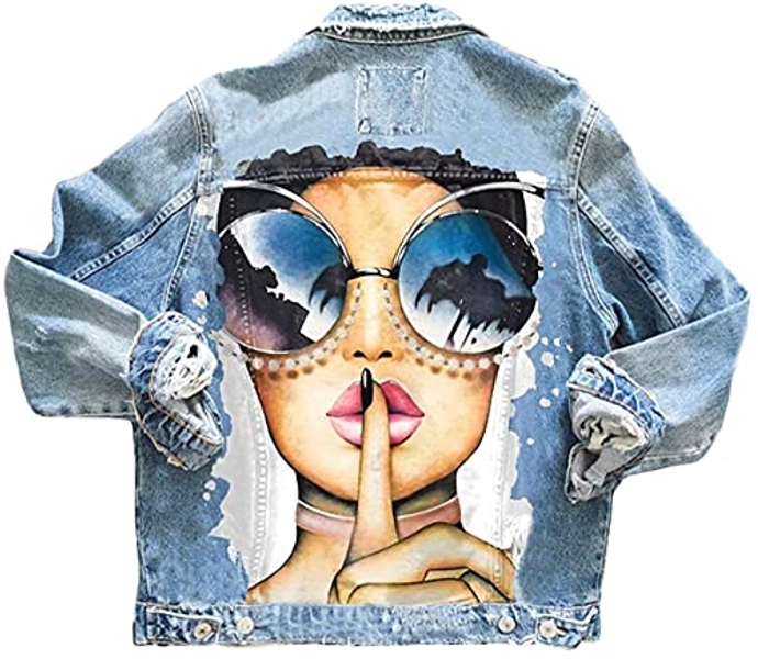 Onsoyours Blau Taschen Einreiher Zerrissene Graffiti Langarm Boyfriend Oversize Jeansjacke Damen Mode Denim Jacket