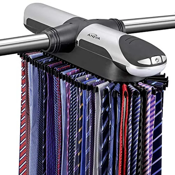 Aniva Motorized Tie Rack Best Motorised Closet Organizer with LED Lights, Includes J Hooks for Wired Shelving Stores Up to 72 Ties with 8 Belts, Rotation Operates with Batteries