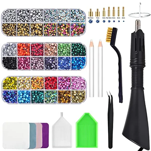 Bedazzler Kit with Rhinestones, Hot Fixed Gems Craft Applicator - Diamond Painting Pen, Wax Pencil, Tweezers, Tray, Cleaning Brush & Cloth, 28 Colors Rhinestones Crystals for DIY Clothes Shoes