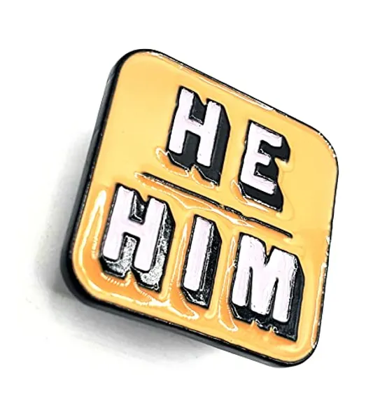 He/Him Pronouns Orange Metal Enamel Pin Badge