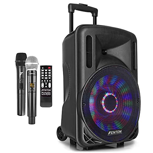 Fenton FT12LED 700W Large Portable Speaker, Bluetooth Portable PA Speaker with Two Wireless Microphones, Ideal Portable Speaker System for Events and Parties, Bluetooth Technology for Streaming