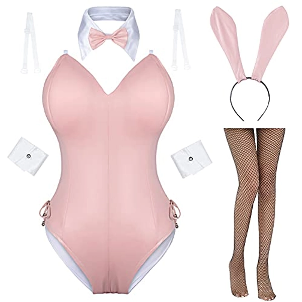 AiMiNa Womens Bunny Costume Girl Suit Senpai Cosplay Anime Role Costume One Piece Bodysuit stockings set - Medium - Pink-removable Padded