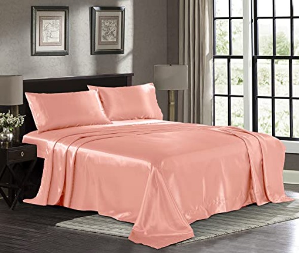 Satin Sheets Queen [4-Piece, Blush Pink] Hotel Luxury Silky Bed Sheets - Extra Soft 1800 Microfiber Sheet Set, Wrinkle, Fade, Stain Resistant - Deep Pocket Fitted Sheet, Flat Sheet, Pillow Cases - Queen - Blush Pink