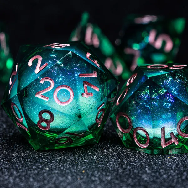 Full Set Handmade Resin Sharp Edge Dice Polyhedral Dice Set  Set  -  Dungeons and Dragons  Starry Liquid Heart Emerald