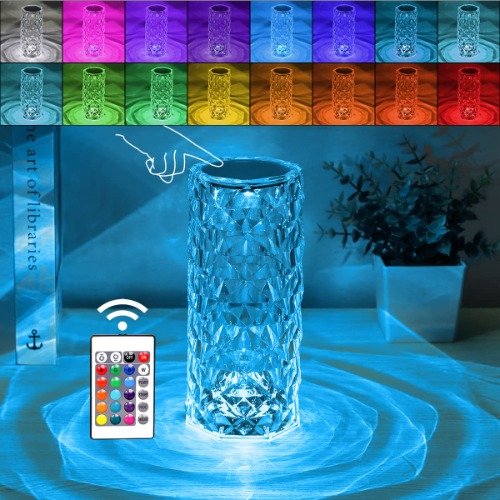 Dott Arts RGB Crystal Table Lamp with Remote,16 Colors &4 Modes Rose Diamond Home Decor Touch Control Crystal Lamp,USB Bedside Lamp for Bedroom Living Room，Night Light for Party Dinner Decoration - 