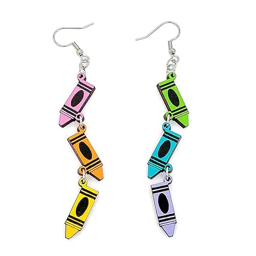 Double Sided Wooden Pencil Crayon Earrings Teacher Earrings for Women Handmade Funny Pencil Book Drop Dangle Earrings for Teachers Appreciation Day Back to Creative Jewelry Gifts (3 Painting brush Earrings)